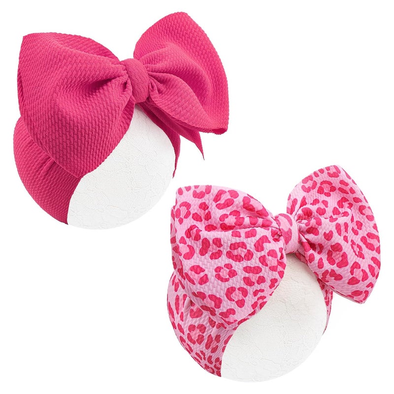 ONENINEDREAM 2PCS 7’’ Super Soft Knot Headbands with Hair Bows Pink Leopard Infant Toddlers Kids Hair Accessories Headband for Newborn Baby Girls - Image 1